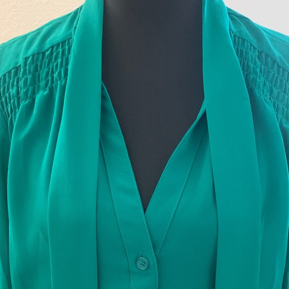 VENUS Sheer Emerald Green Blouse with Elegant Bow . - Picture 6 of 11